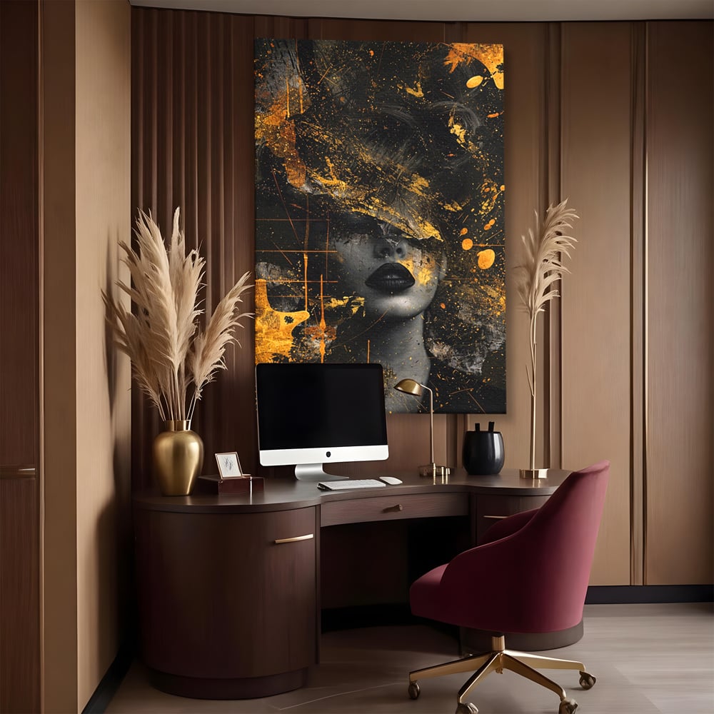 Tablou canvas cu tablou canvas cu portret feminin si pete aurii, fara rama, pe sasiu de lemn, pe perete intr-un birou